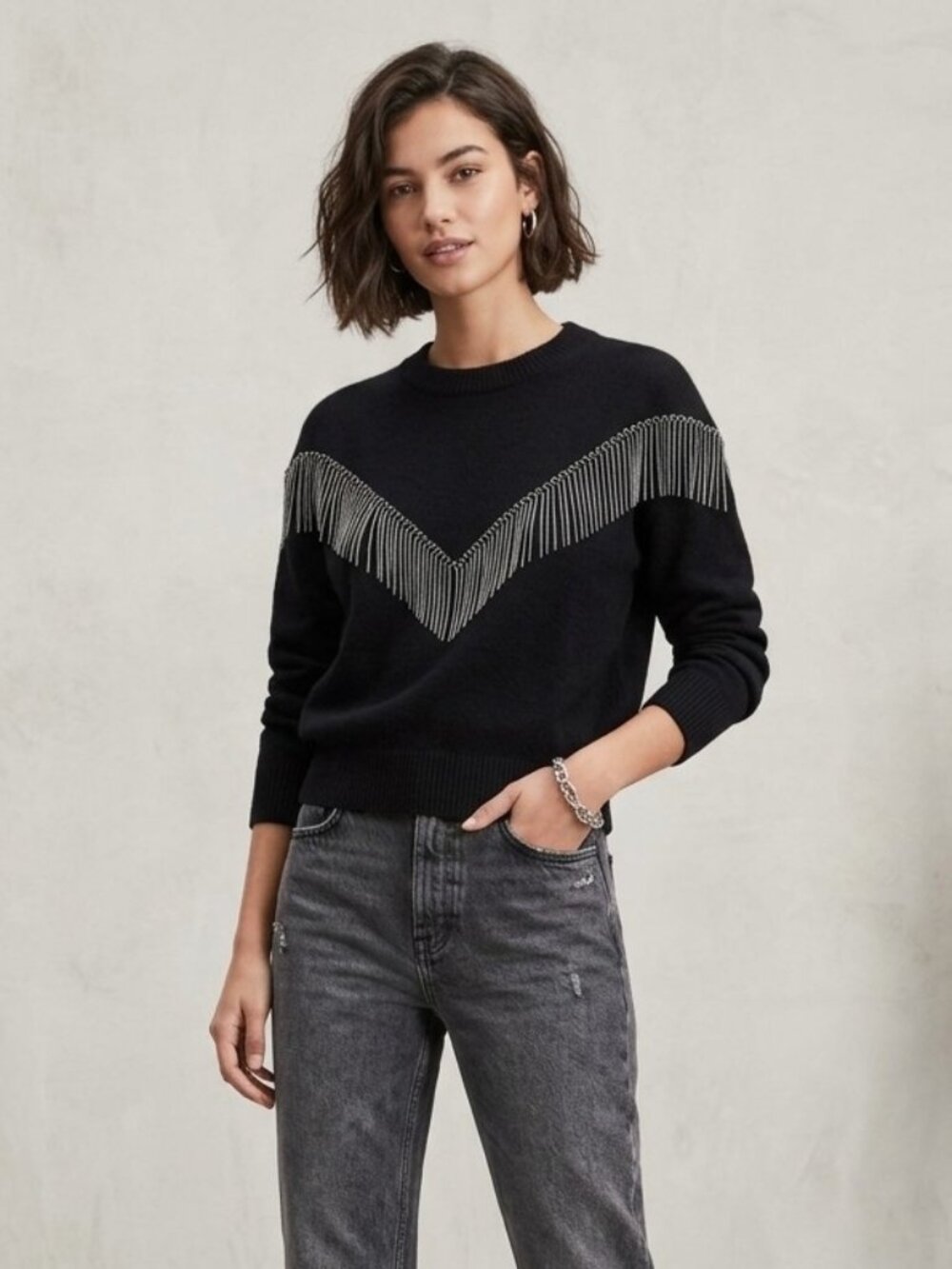 STUNNING STATEMENT KNIT Dreamers by Debut Chain Fringe Black Sweater